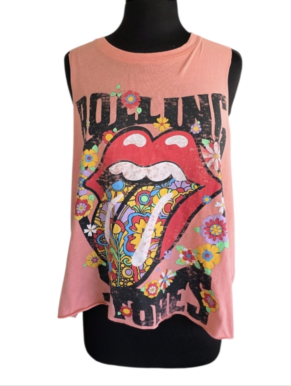 the Rolling Stones Custom Cut Cropped Peach Floral Band Graphic Tank Top